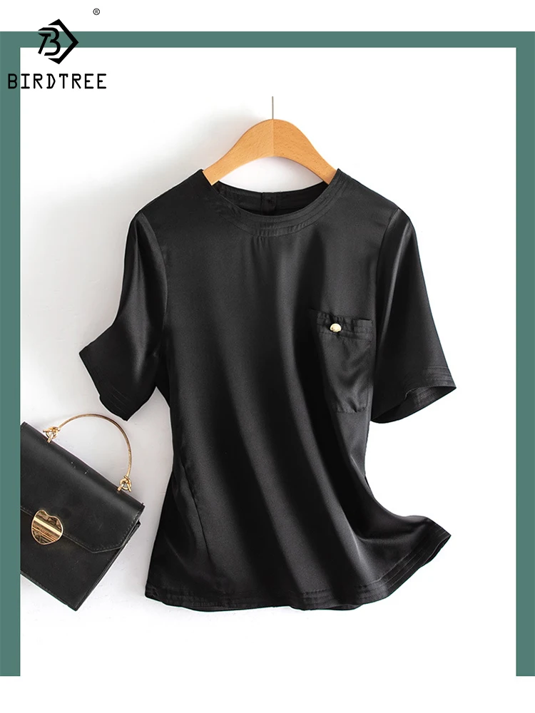 

Women Solid T Shirt 92%Silk 8%Spandex 19MM O Neck Chest Pocket White Chic Tee 2022 Spring Summer Simple Top Black T37019QD