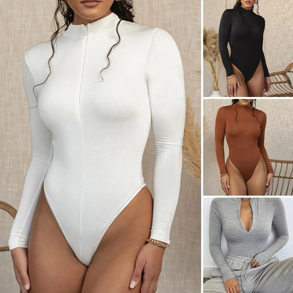 

Women Lightweight Bodysuit Women Bodysuit Cozy Fleece-lined Women's Bodysuit with Mock Neck Zipper Detail for Autumn Winter