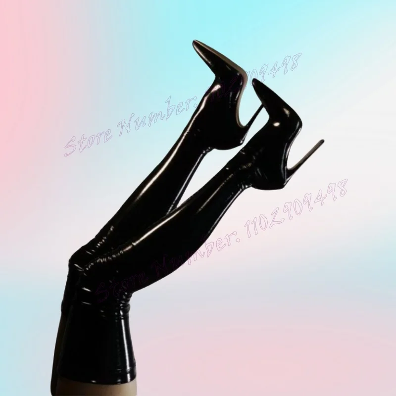 

Black Patent Leather Over The Knee Boots Pointed Toe Shoes for Women Stilettos High Heels Sexy Shoes 2024 Zapatos Para Mujere