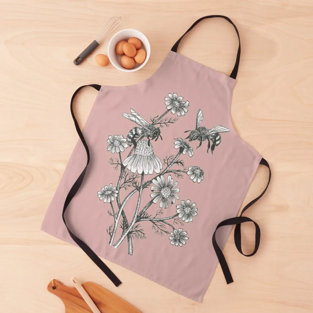 

bees and chamomile on dusty pink background Apron aesthetic uniforms woman home innovative accessories aprons for women