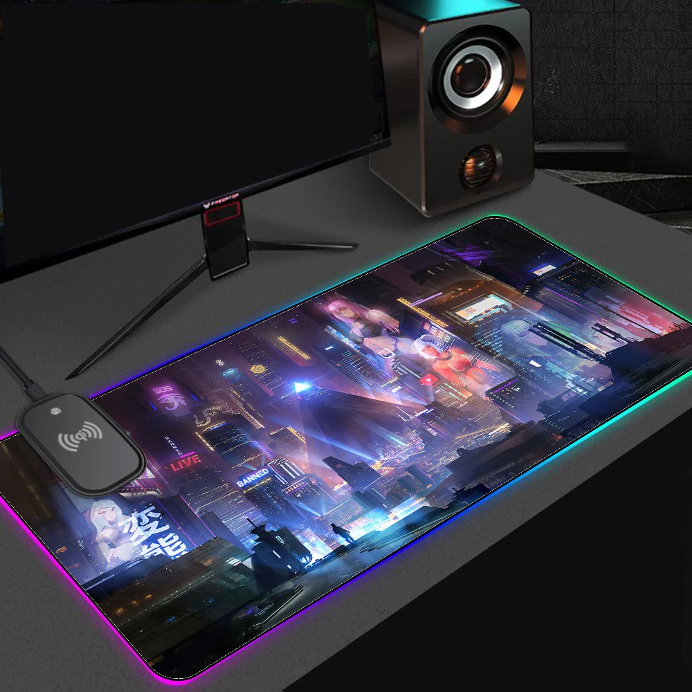 RGB беспроводной зарядный коврик для мыши Scifi городские светильники настольные