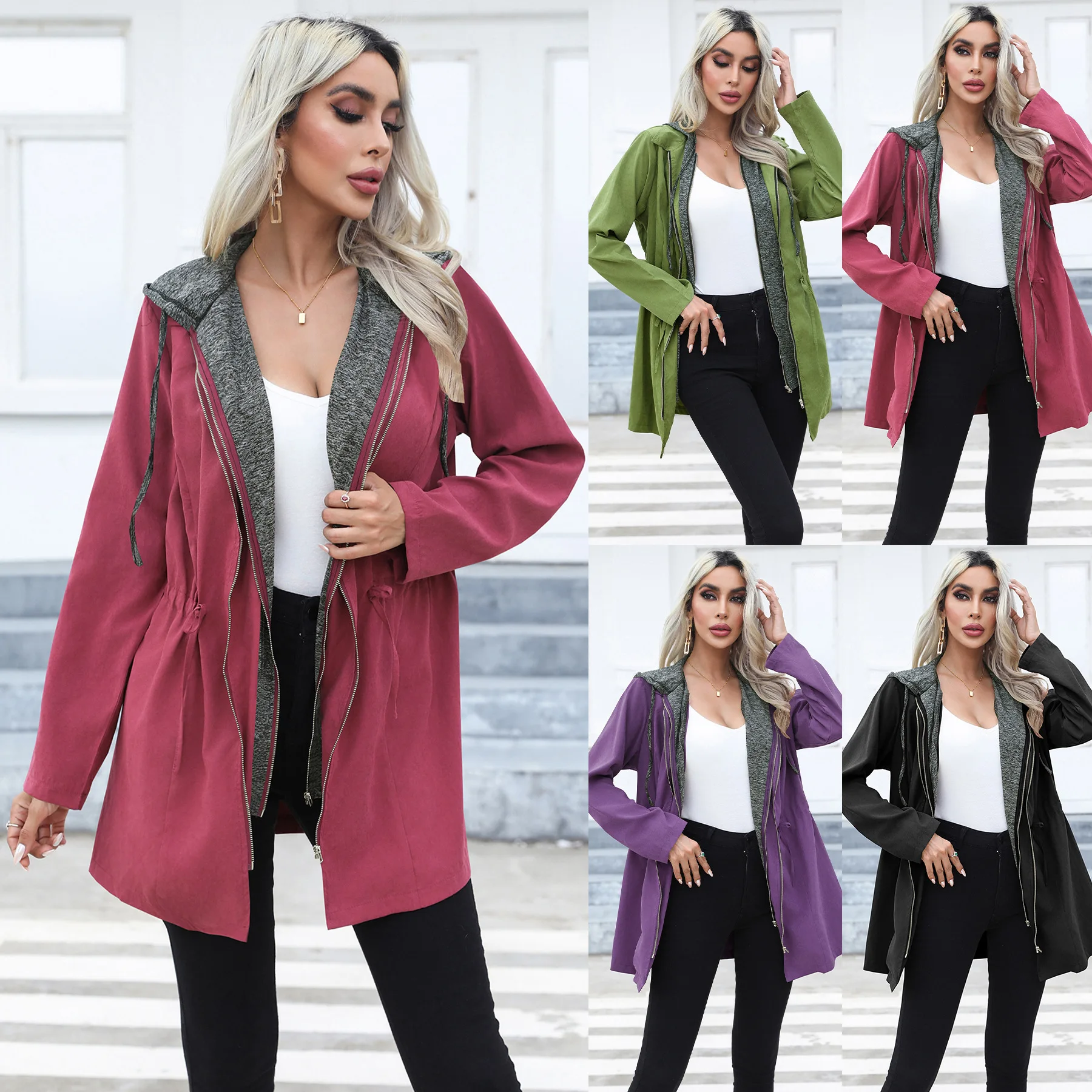 

Women's Casual Waistband Double Zipper Contrasting With MediuM Length Long Sleeved Hooded Trench Coat Is PoPular