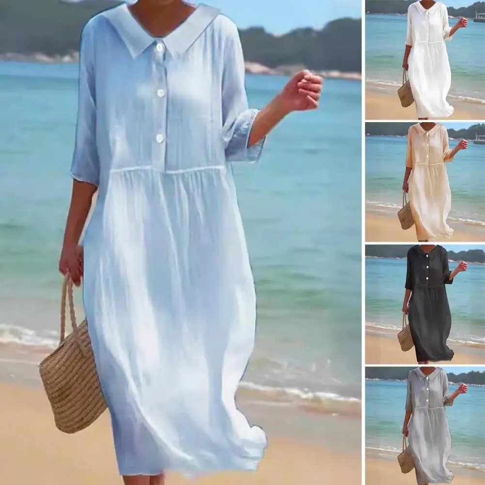 

Long Dress Elegant Doll Collar Midi Dress for Women Chic Pleated Pullover with Button Detail Stylish Wear for Summer Long Sleeve