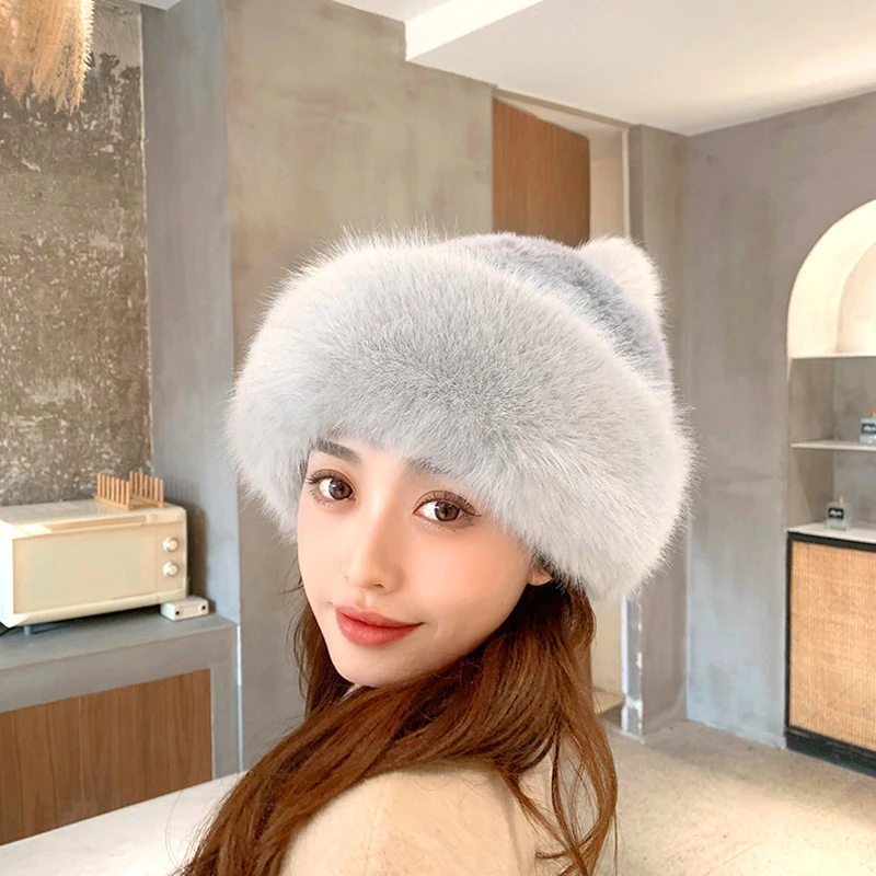

Women Faux Fox Fur Plush Dome Hat Fluffy Windproof Ski Cap Female Fashion Winter Thickened Warm Outdoors Accessories Cute Sweet