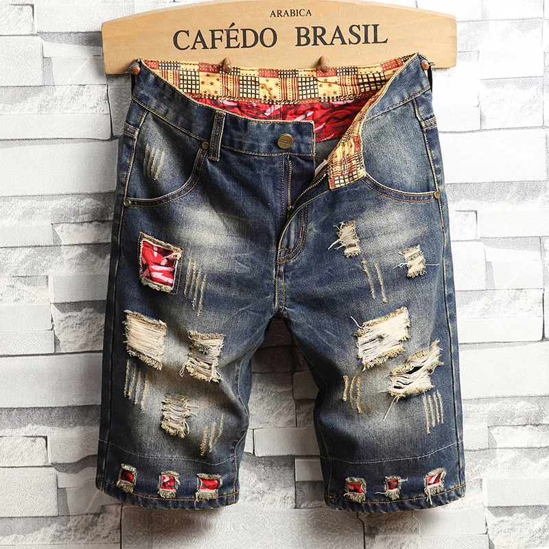 

2024 summer denim shorts men's Hole & patch middle pants slim-fit retro distressed fashion motorcycle shorts