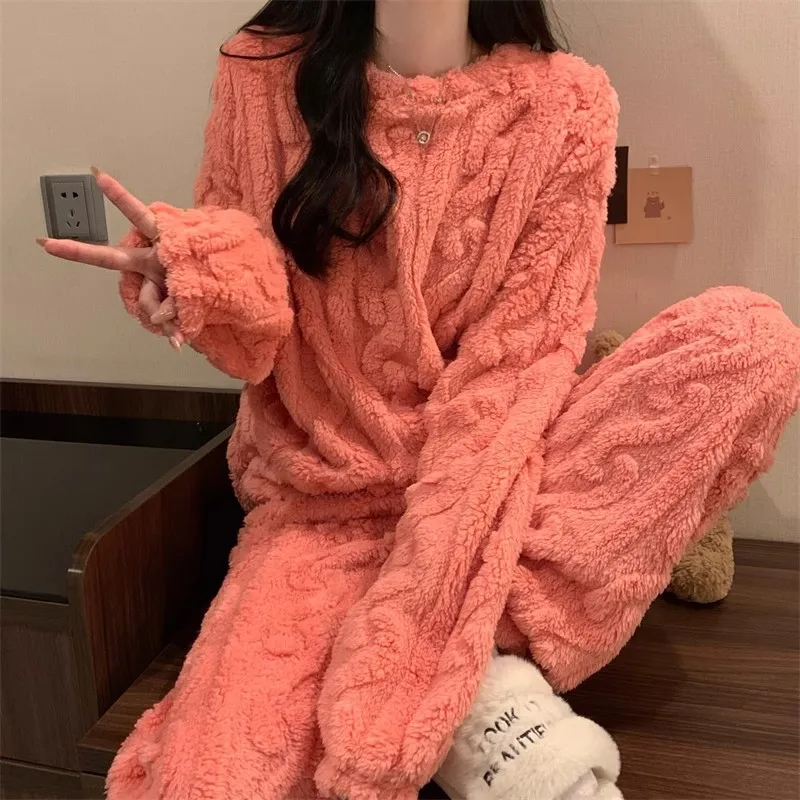 Thickened Warm Sleepwear for Winter Women Flannel Suit Student Pajamas Homewear Tops and Pants Striped Nightwear Loungewear Thickened Warm Sleepwear for Winter Women Flannel Suit Student Pajamas Homewear Tops and Pants Striped Nightwear Loungewear