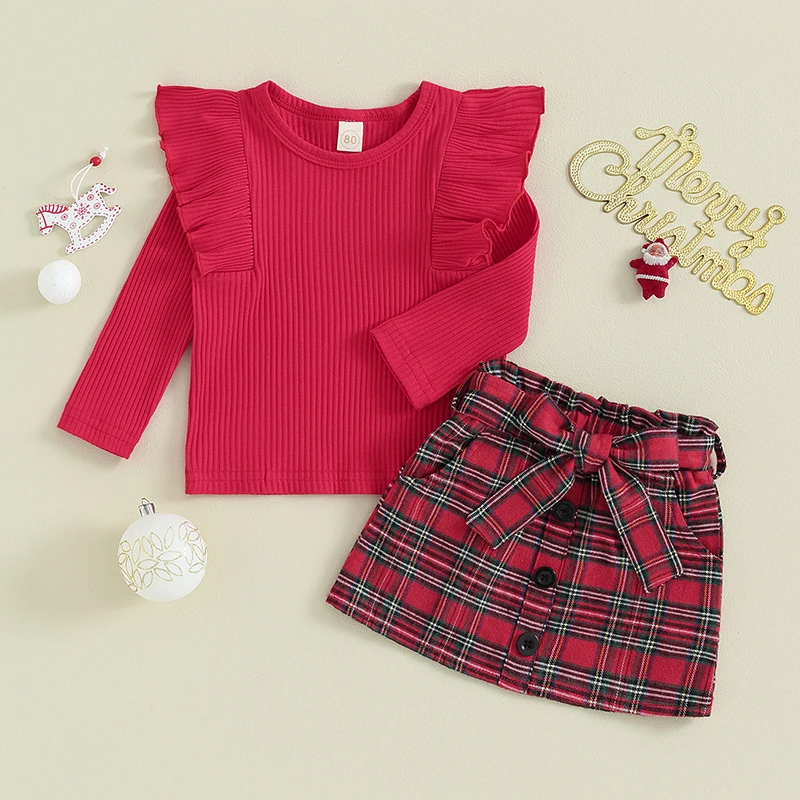 

2023-09-15 Lioraitiin 0-5Y Toddler Kids Girls Christmas Clothes Sets Long Sleeve Ribbed Knit Tops+Plaid Print A-Line Skirts 2pcs