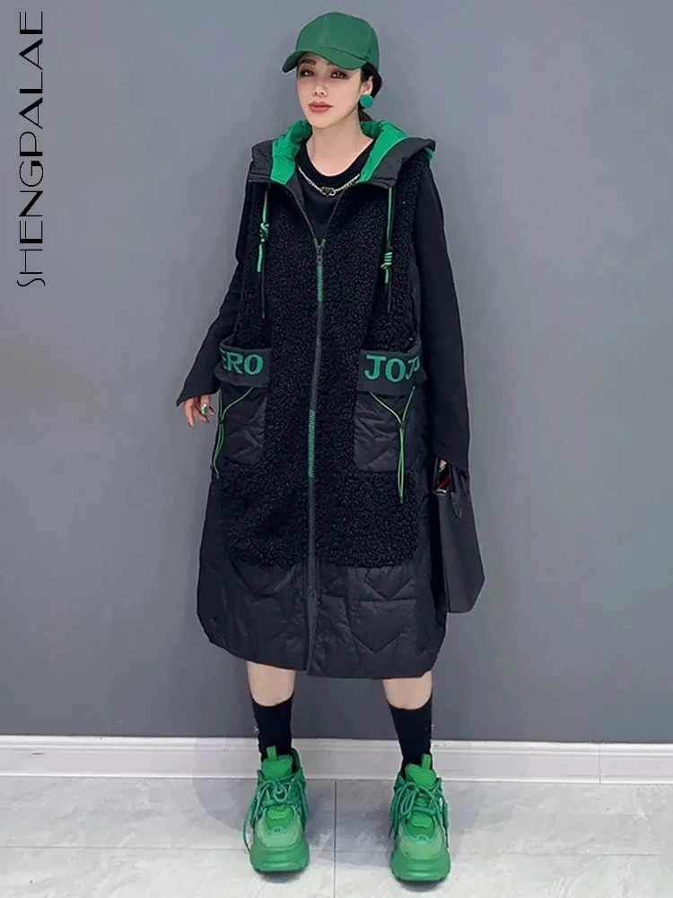 

SHENGPALAE Lamb Wool Spliced Hooded Padded Jacket Contrast Color Pocket Thicken Mid Calf Quilted Coat Autumn 2023 New Tide R7856