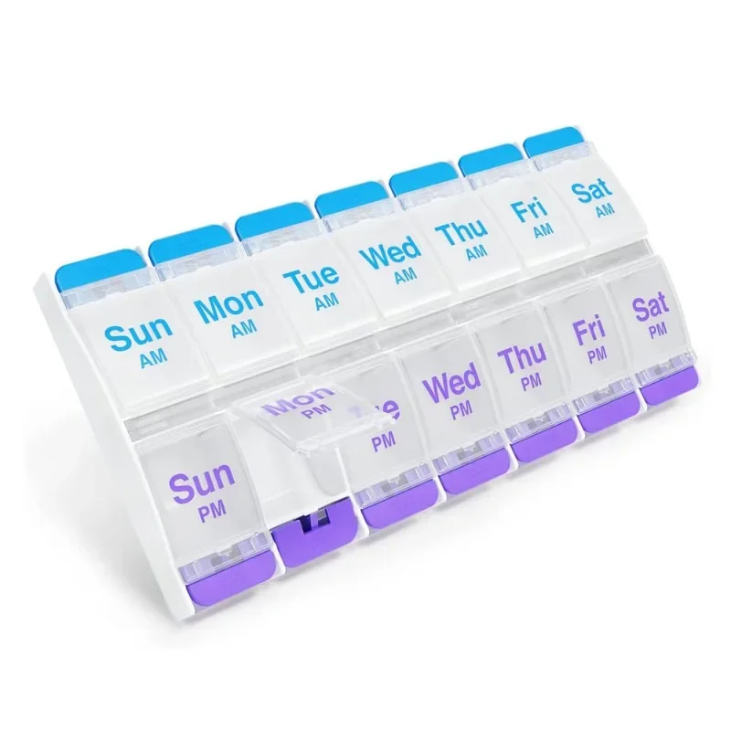 

Push Button 7 Days Pill Box Medicine Case Vitamin Organizer Weekly 2 Times A Day AM/PM Large Compartments Tablets Container