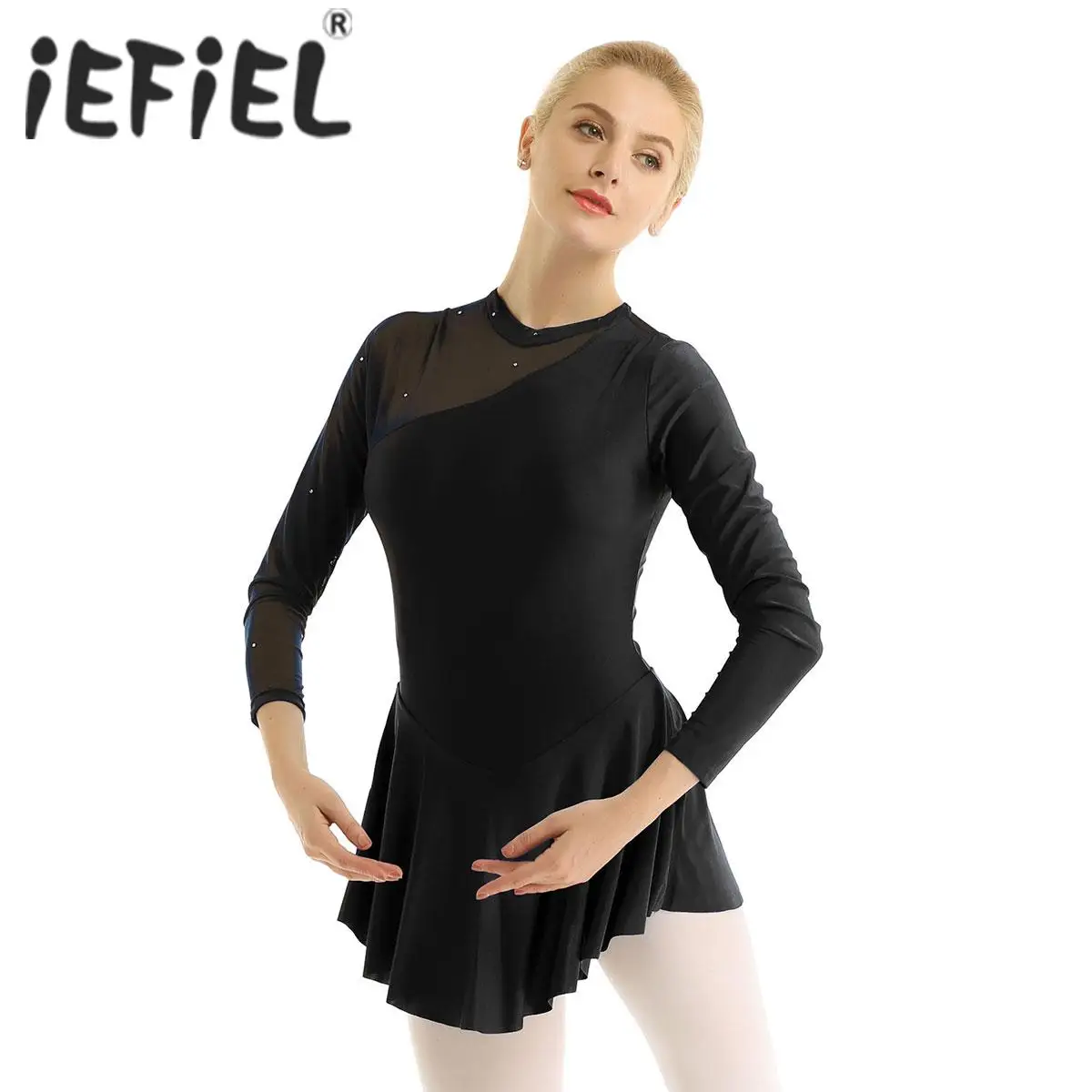 

Womens Professional Ballet Lyrical Dancewear Long Sleeve Neck Halter Backless Figure Skating Dress Gymnastics Leotard Dress