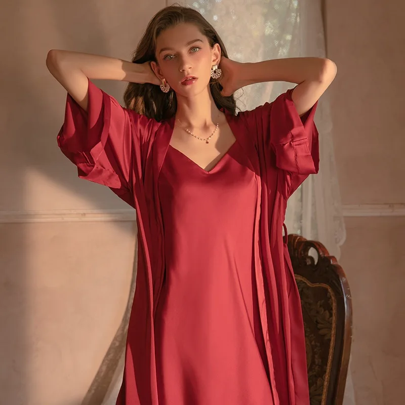 

2pcs Sexy Satin Robe Gown Set Nightgown Sleepwear Robes Night Dress Women Homewear Burgundy Bathrobe With Chest Pads
