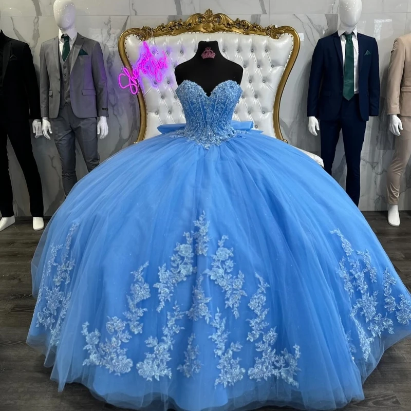 

Sky Blue Shiny Off The Shoulder Quinceanera Dress Ball Gown Tulle Lace Applique 16th Birthday Debut vestido de charra 15 años