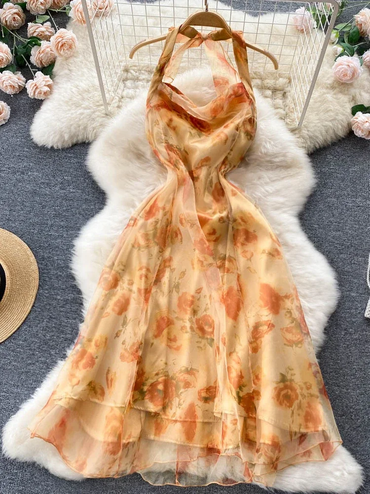 French Retro Dress Women Summer Sexy Halter Neck Long Chiffon Dresses Korean Elegant A Line Floral Printed Long Dress
French Retro Dress Women Summer Sexy Halter Neck Long Chiffon Dresses Korean Elegant A Line Floral Printed Long Dress