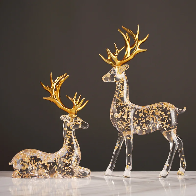 

Transparent Deer Statue Gold Foil Dissolved Resin Posture Elk Sculpture Home Animal Decor Shelf Wildlife Ornament Art and Craft
