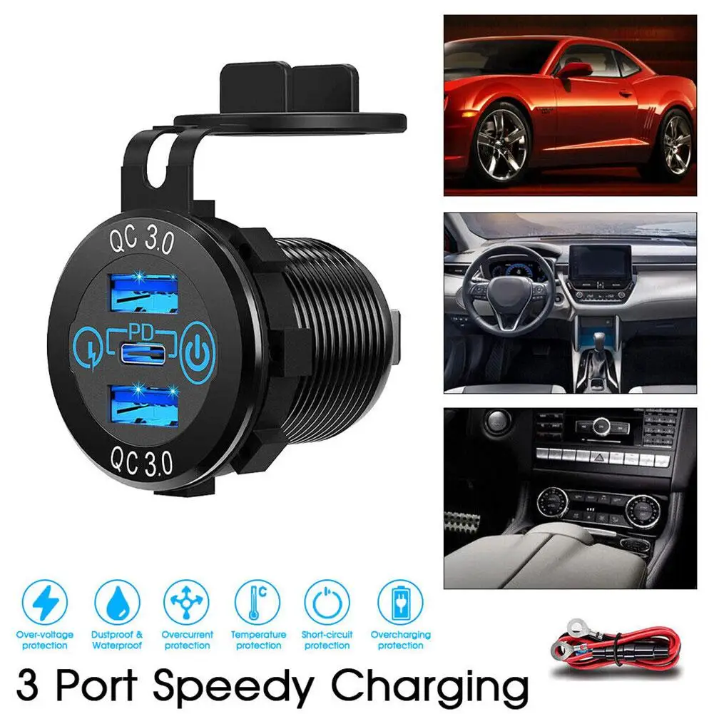 

12V/24V 60W USB C Multiple Car Charger Socket PD3.0 Car Two Fast Adapter QC3.0 with Switch And Ports L7T5