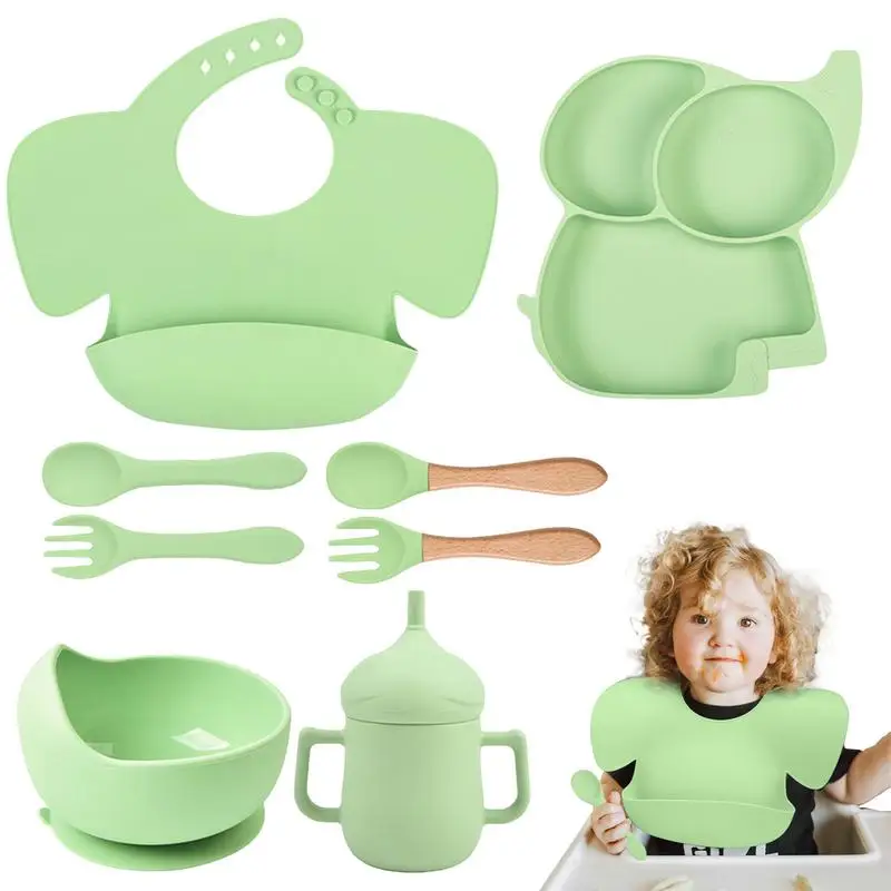 

Toddler Silicone Feeding Set Baby Plates And Utensils Set Baby Led Weaning Utensils With Suction Plate Bib Cup Spoon Fork For