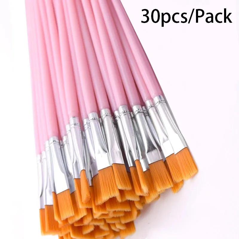 

30Pcs Set Flat head Painting Brushes Nylon Hair Pink Short Rod Artist Brush for Oil Acrylic Watercolor Gouache Art Supplies