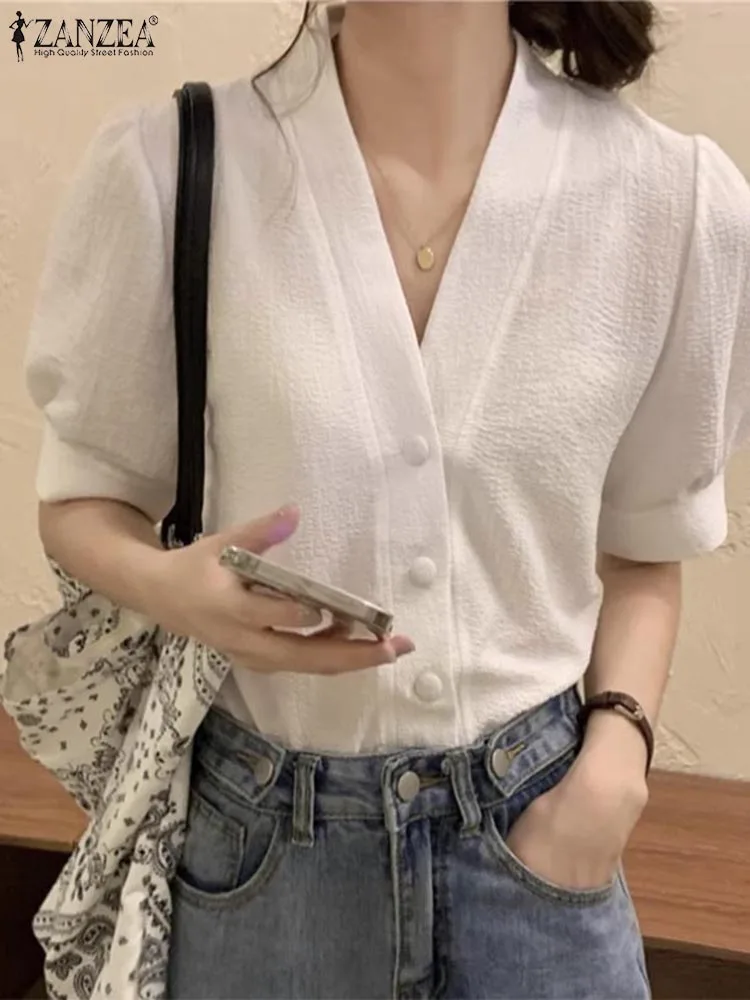 

ZANZEA Women Puff Half Sleeve Blouse 2024 Summer Korean Elegant V-neck Loose Shirt Fashion Buttons Tops Casual Simple Tunics