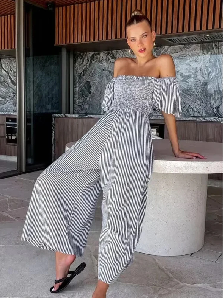 Smocking Lantern Sleeve Strapless Light Blue Wide Leg Jumpsuit Women Fashion Long Pants One Piece Overall Off Shoulder Playsuit
Smocking Lantern Sleeve Strapless Light Blue Wide Leg Jumpsuit Women Fashion Long Pants One Piece Overall Off Shoulder Playsuit