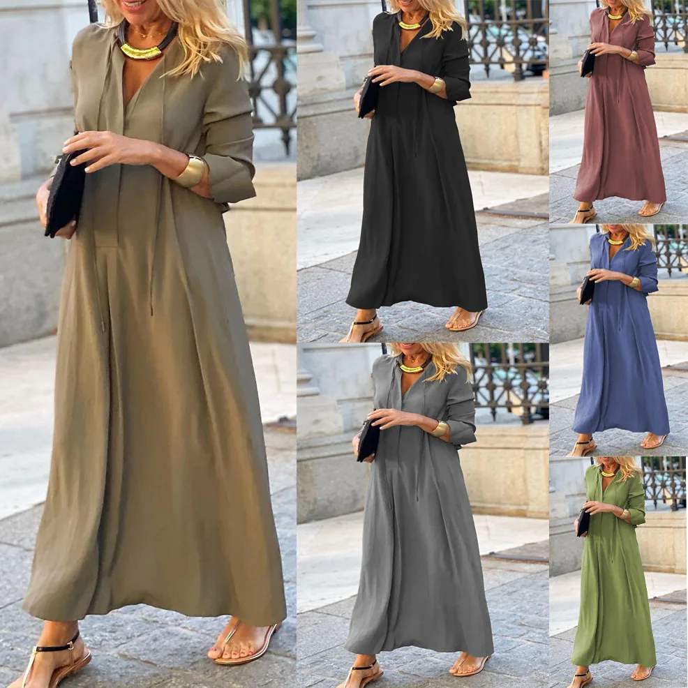 Dress Solid Color V-neck Long Sleeve Simple Casual Skirt Dress Summer Dresses Turn-down Collar Maxi Dresses for Women
Dress Solid Color V-neck Long Sleeve Simple Casual Skirt Dress Summer Dresses Turn-down Collar Maxi Dresses for Women