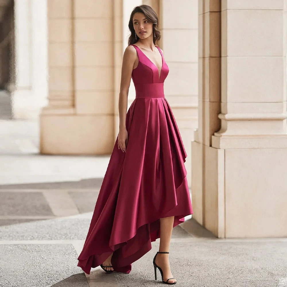 

OTHRAY Prom Dress Asymmetrical Satin A Line Simple Evening Party for Women 2023 Deep V Neck Backless Sexy es Fuchsia