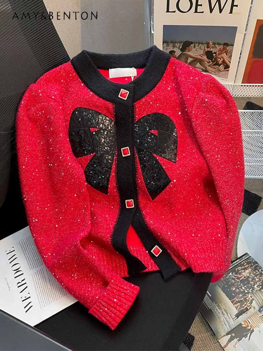 Color-Blocking Bow Long-Sleeved Cardigan Knitted Women's Autumn Winter New Korean Style Elegant Short Sequined Sweater Coat
Color-Blocking Bow Long-Sleeved Cardigan Knitted Women's Autumn Winter New Korean Style Elegant Short Sequined Sweater Coat