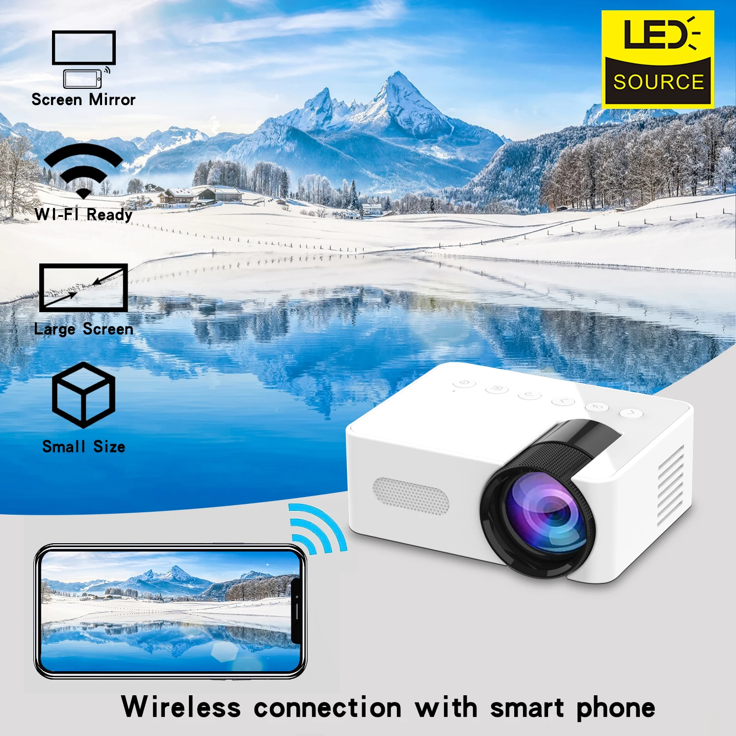 

YT100 new portable mini projector, high-definition plug in wireless connection to mobile phone, built-in sound system, USB