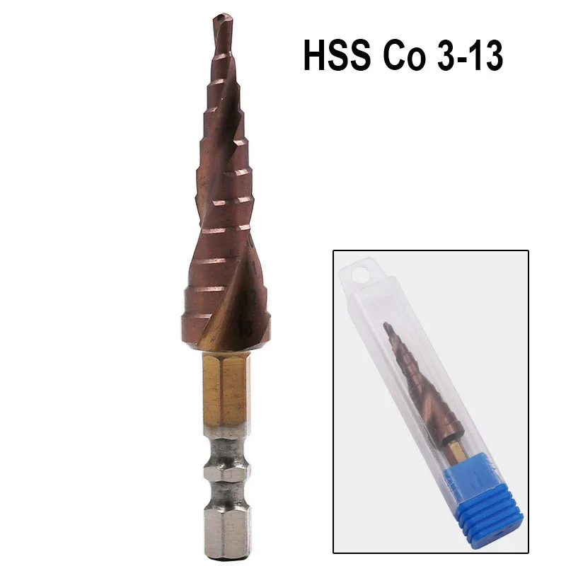 Кобальтовое ступенчатое сверло HSS-Co M35, 3-13 мм, ступенчатое сверло, 1/4 дюйма, сверла для деревообработки с шестигранным хвостовиком
Кобальтовое ступенчатое сверло HSS-Co M35, 3-13 мм, ступенчатое сверло, 1/4 дюйма, сверла для деревообработки с шестигранным хвостовиком