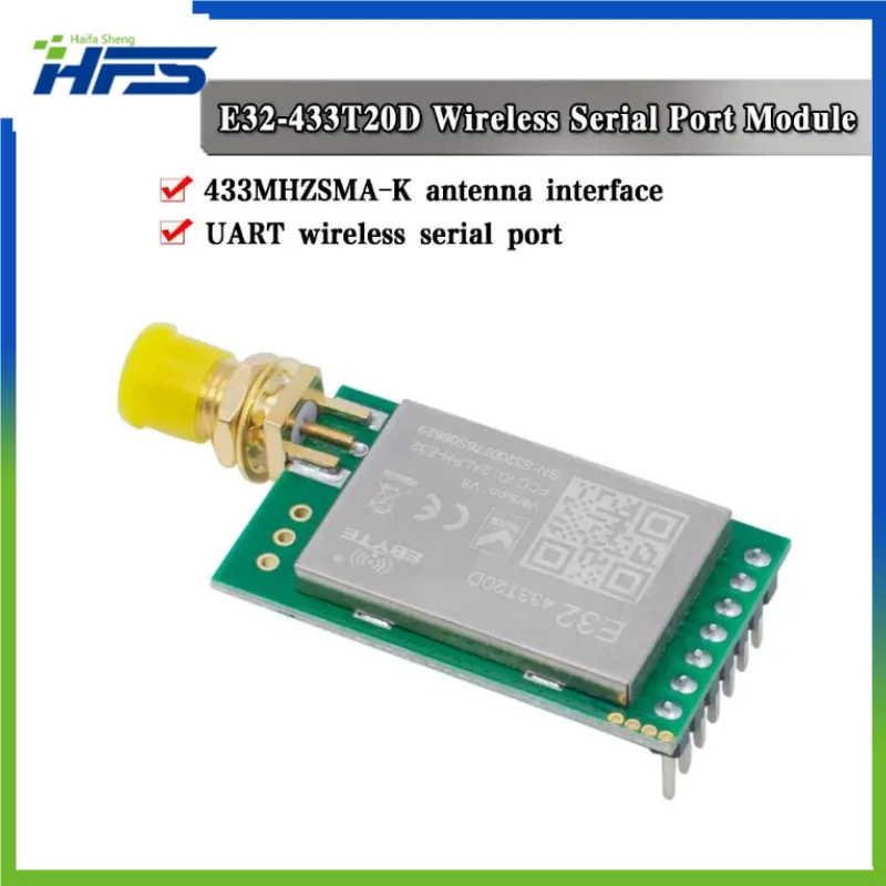 

UART Long Range Wireless RF Transceiver, Transmitter and Receiver Module, LoRa SX1278 SX1276 433MHz, E32-433T20D-V2.0, 1W, 8000m