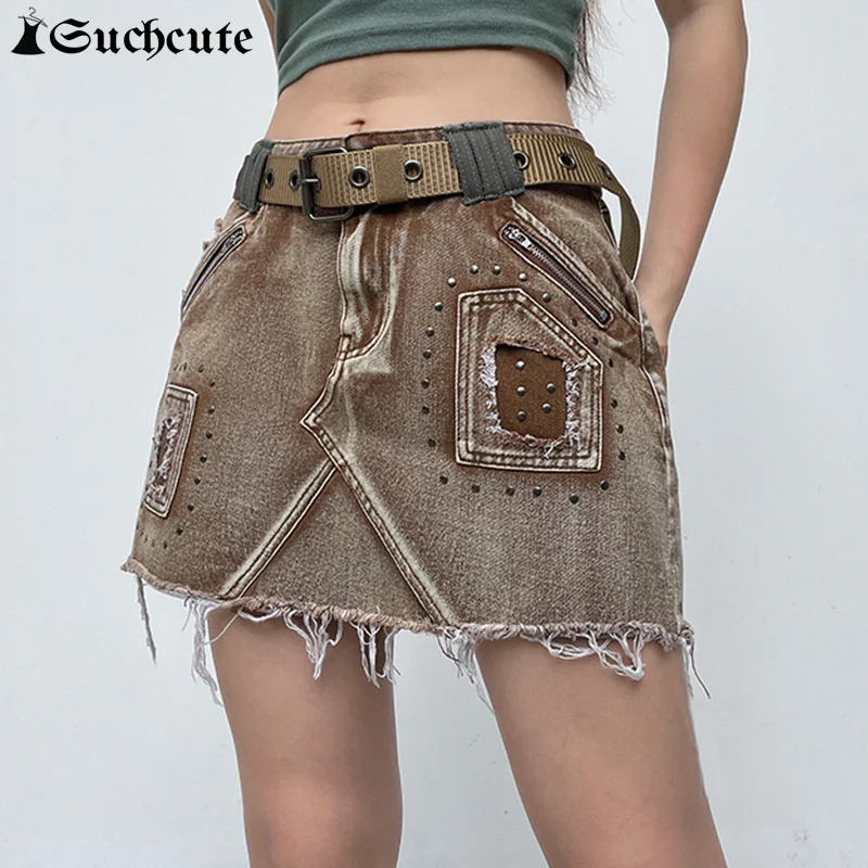 

SUCHCUTE Rivet Vintage 90s Washed Brown Denim Mini Skirt Women High Waist Zipper Pockets Asymmetrical Summer Ripped Jeans Skirts