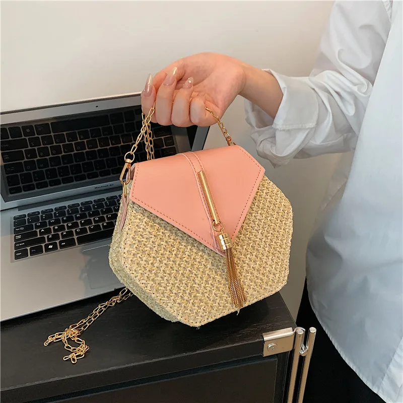 Hexagon Straw & Leather Handbag - Bohemian Woven Beach Shoulder Bag 4 S3b7b05aff53c452098bae66676044608D