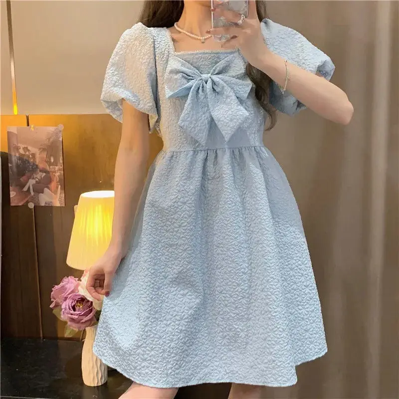 

Cute Princess Style Dress Women Summer Sweet Girl Bow Design Short Puff Sleeve Fashion Mini Party Vestidos Solid Tunic Holiday