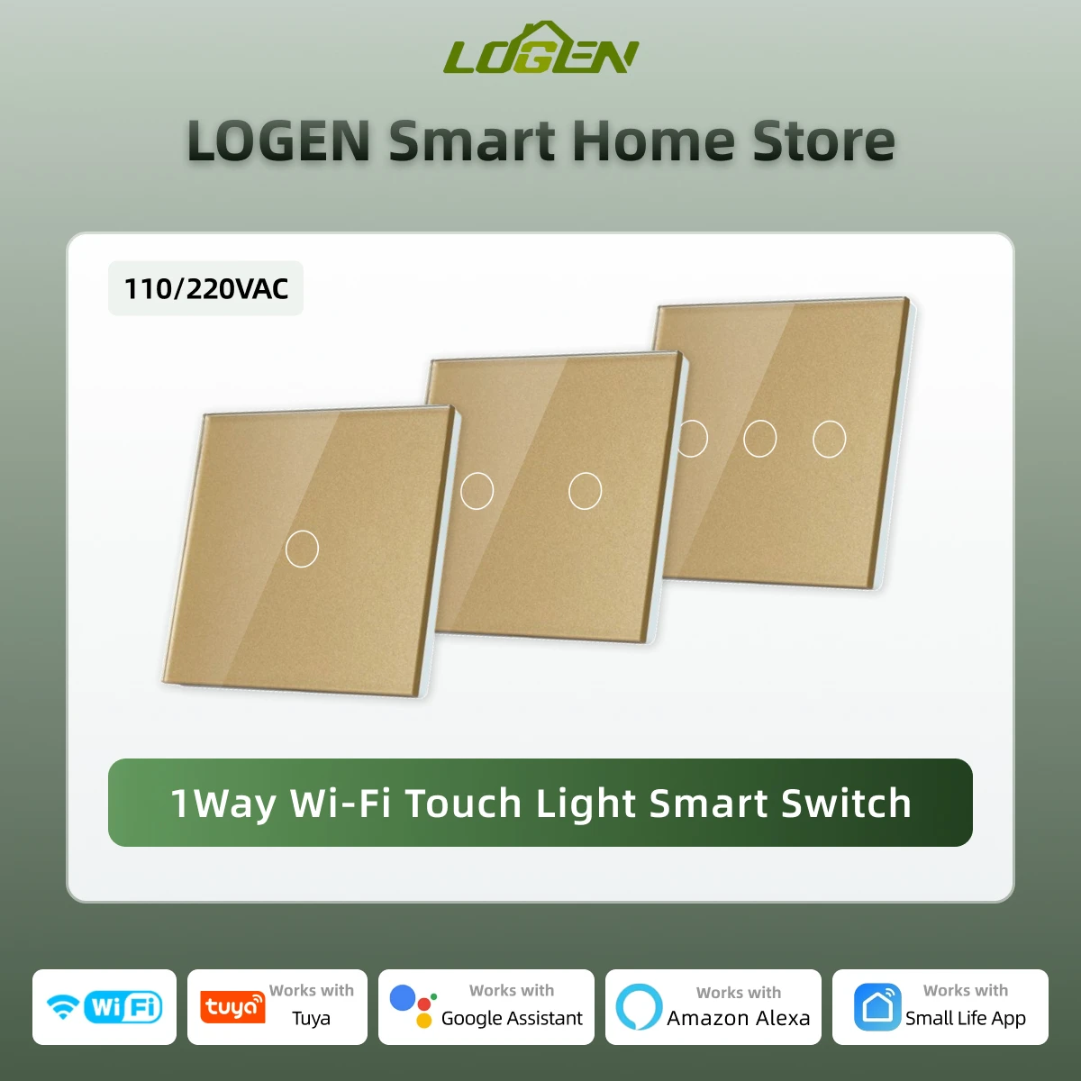 Logen EU WiFi Gold Smart Light Switch 1/2/3Gang 1Way Tuya App Compatible Alexa Google Tempered Glass Panel Blue Backlight 220V
Logen EU WiFi Gold Smart Light Switch 1/2/3Gang 1Way Tuya App Compatible Alexa Google Tempered Glass Panel Blue Backlight 220V