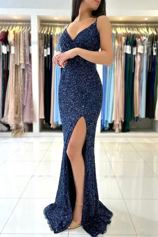 Bling Sparkly Navy Blue Evening Dresses 2023 Sequined Mermaid Long Slim Sexy Slit Spaghetti Strap Sleeveless Party Prom Gowns 
Bling Sparkly Navy Blue Evening Dresses 2023 Sequined Mermaid Long Slim Sexy Slit Spaghetti Strap Sleeveless Party Prom Gowns