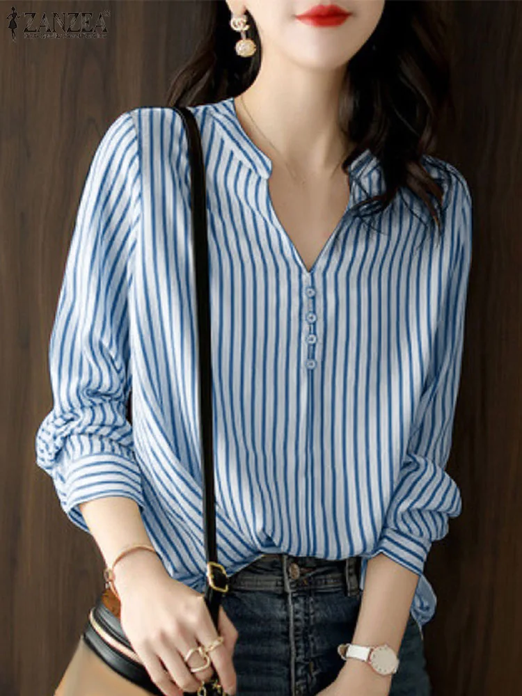 

ZANZEA Women Elegant V Neck Long Sleeve Striped Blouse Office Lady Shirt Fashion OL Work Tops Casual Party Tunic Chemise 2024