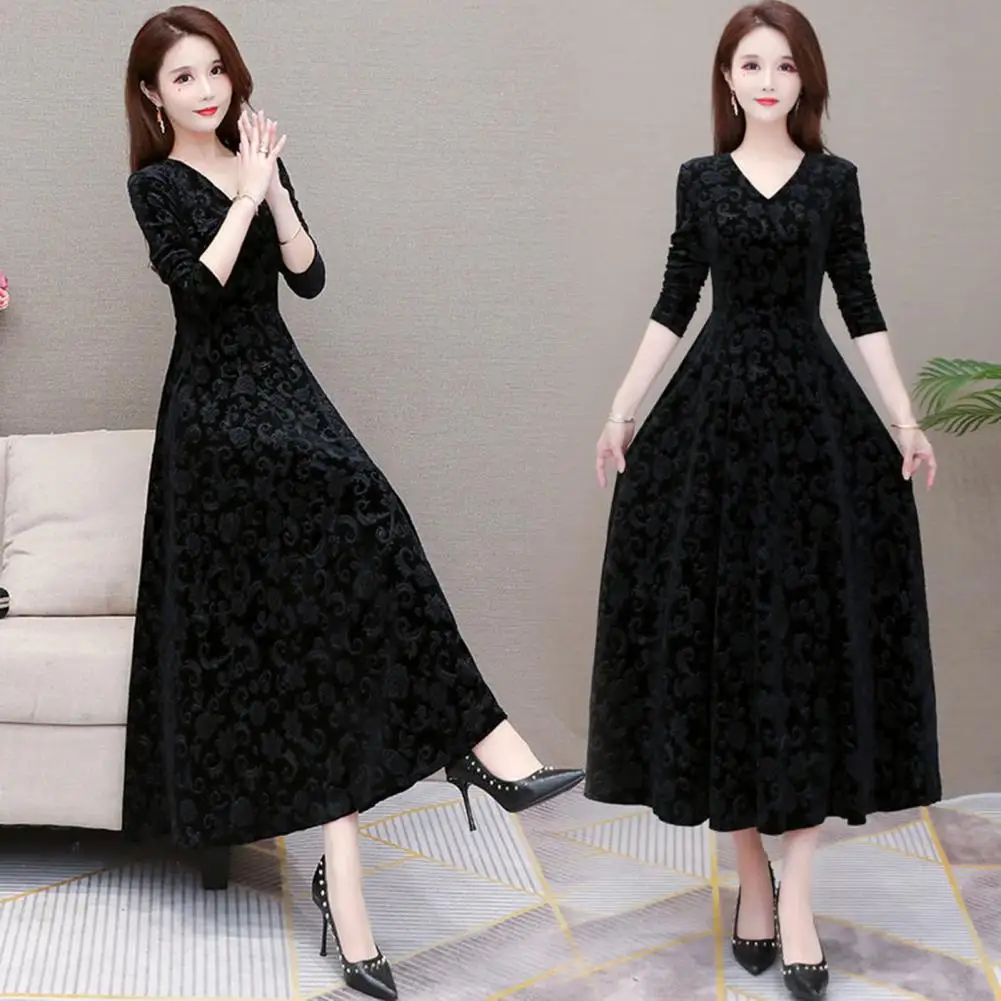 

Elegant Dresses for Women Floral Pattern V Neck Spring Elegant Long Dress 2022 Women Dress Gold Velvet Big Swing Dress