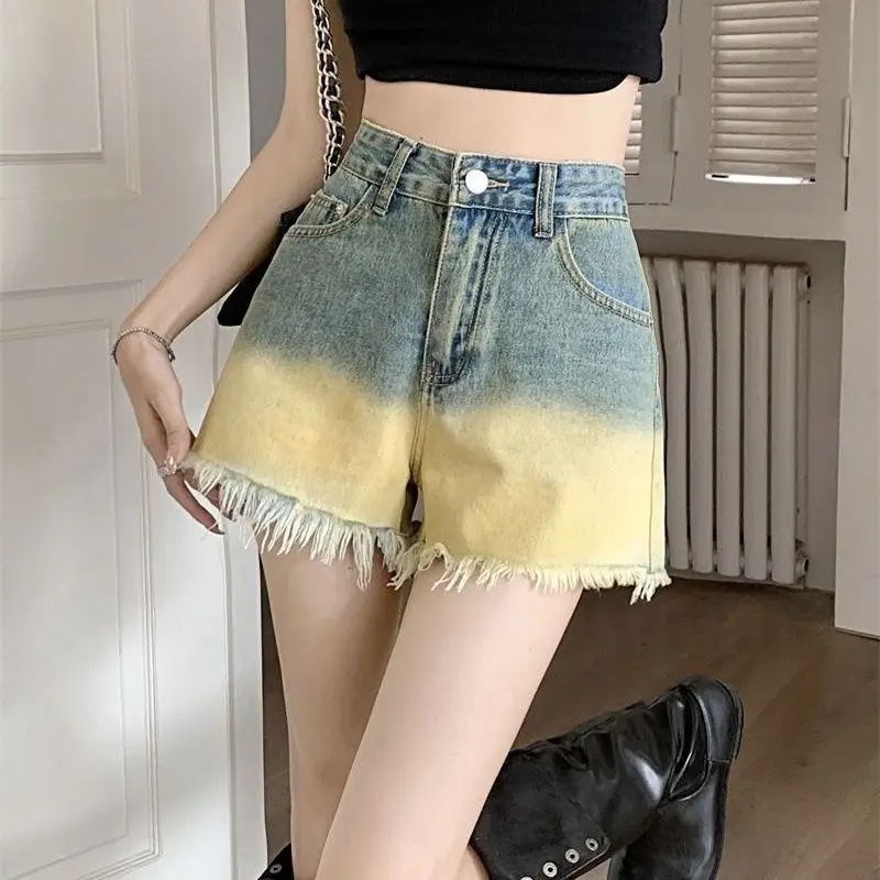 

2024 New Summer Women Fashion Gradient High Waist Shorts Female Loose A-line Short Pants Ladies Ripped Raw Hem Jean Shorts H144