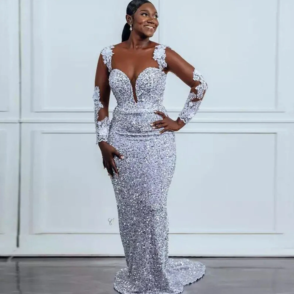 Sexy Silver Sequins Evening Dresses 2023 Mermaid Long Sleeves Lace Backless African Plus Size Women Formal Wedding Party Maxi
Sexy Silver Sequins Evening Dresses 2023 Mermaid Long Sleeves Lace Backless African Plus Size Women Formal Wedding Party Maxi