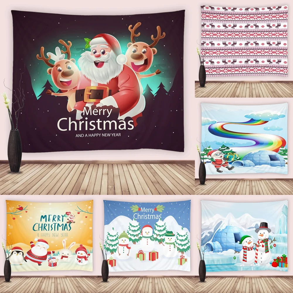 

Cute Santa Claus Reindeer Tapestry Christmas Elk Xmas Tree Snowman Wall Hanging Tapestries Living Room Dorm Bedroom Home Decor