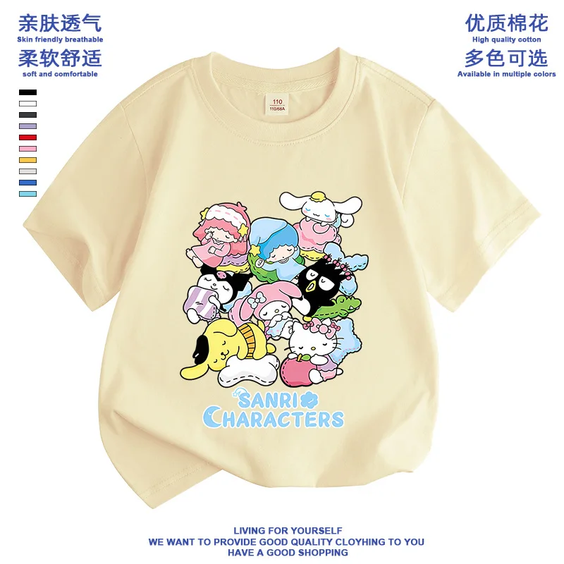 Футболка Sanrio с коротким рукавом для девочек, Повседневный хлопковый топ с мультяшным рисунком для студентов, мягкое нижнее пальто, на лето
Футболка Sanrio с коротким рукавом для девочек, Повседневный хлопковый топ с мультяшным рисунком для студентов, мягкое нижнее пальто, на лето