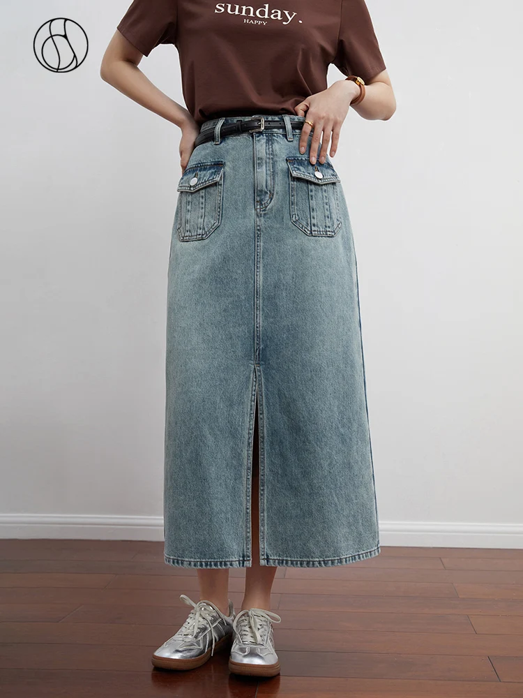 

DUSHU High Street Style Long and Short Retro High Waist Slit Denim Skirt for Women Autumn Newly Straight Skirt for Female