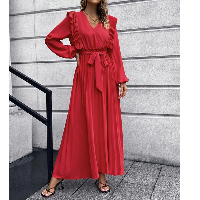 

2023 New Autumn and Winter Fashionable Temperament V-neck Large Hem Pleated Waistband Trend Simple Splicing Long Sleeved Dress