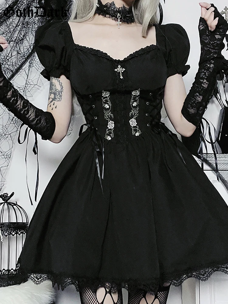 

Goth Dark Lolita Mall Gothic A-line Kwaii Mini Dresses Grunge Style Black Bandage Corset Dress Women Emo Embroidery Alt Clothes