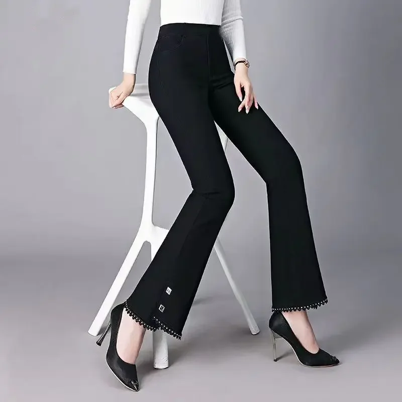 

Fashion Simple Commuting Flared Pants Casual Women Spring Autumn Slim Elastic High Waiste Pocket Office Lady Trousers 2024 B30