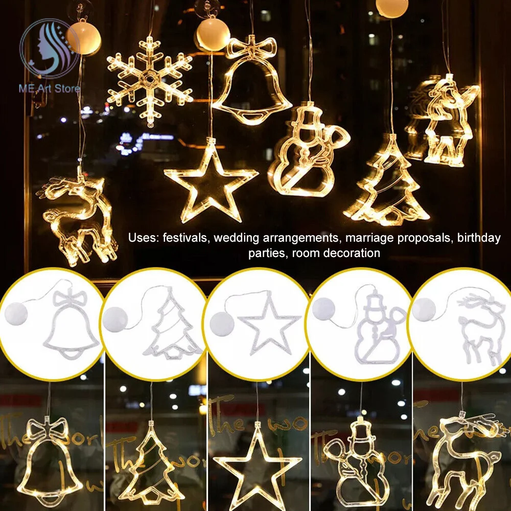 

1Pcs Christmas LED Light Snowflake Santa Deer Hanging Sucker Lamp Window Ornaments Decoration for Home New Year Stickers