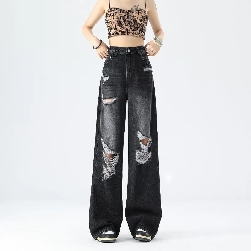 

ZHISILAO New Ripped Jeans Women Boyfriend Black High Waist Straight Full Length Denim Pants 2024
