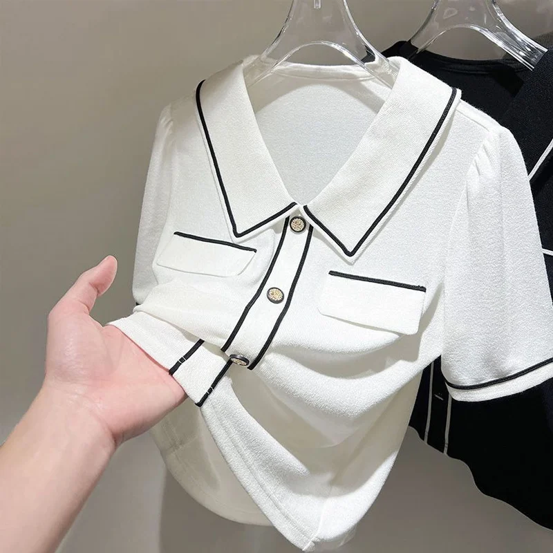 

Summer New Contrast Patchwork T Shirts Polo Neck Short Sleeve Loose All-match Tops Tees Simplicity Korean Fashion Women Clothing