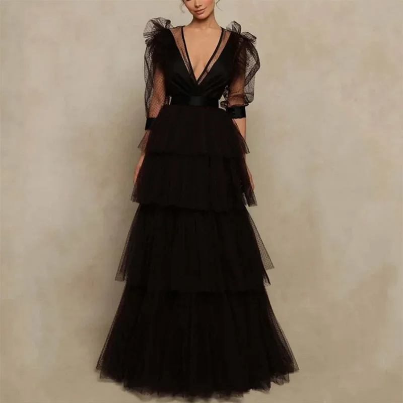 

Черные длинные многоярусные платья для выпускного вечера для женщин, Тюлевое ТРАПЕЦИЕВИДНОЕ платье в пол с V-образным вырезом для особых событий, свадьбы, торжества, вечернее женское платье 2023