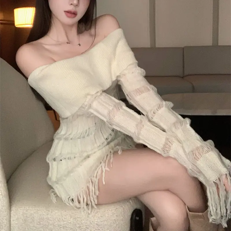 

Hsa Slash Neck Knitted Pullover Women Autumn Thin Off Shoulder Long Sleeve Knitwear Tops Lady Slim Ruffles Tassel Tops Femme