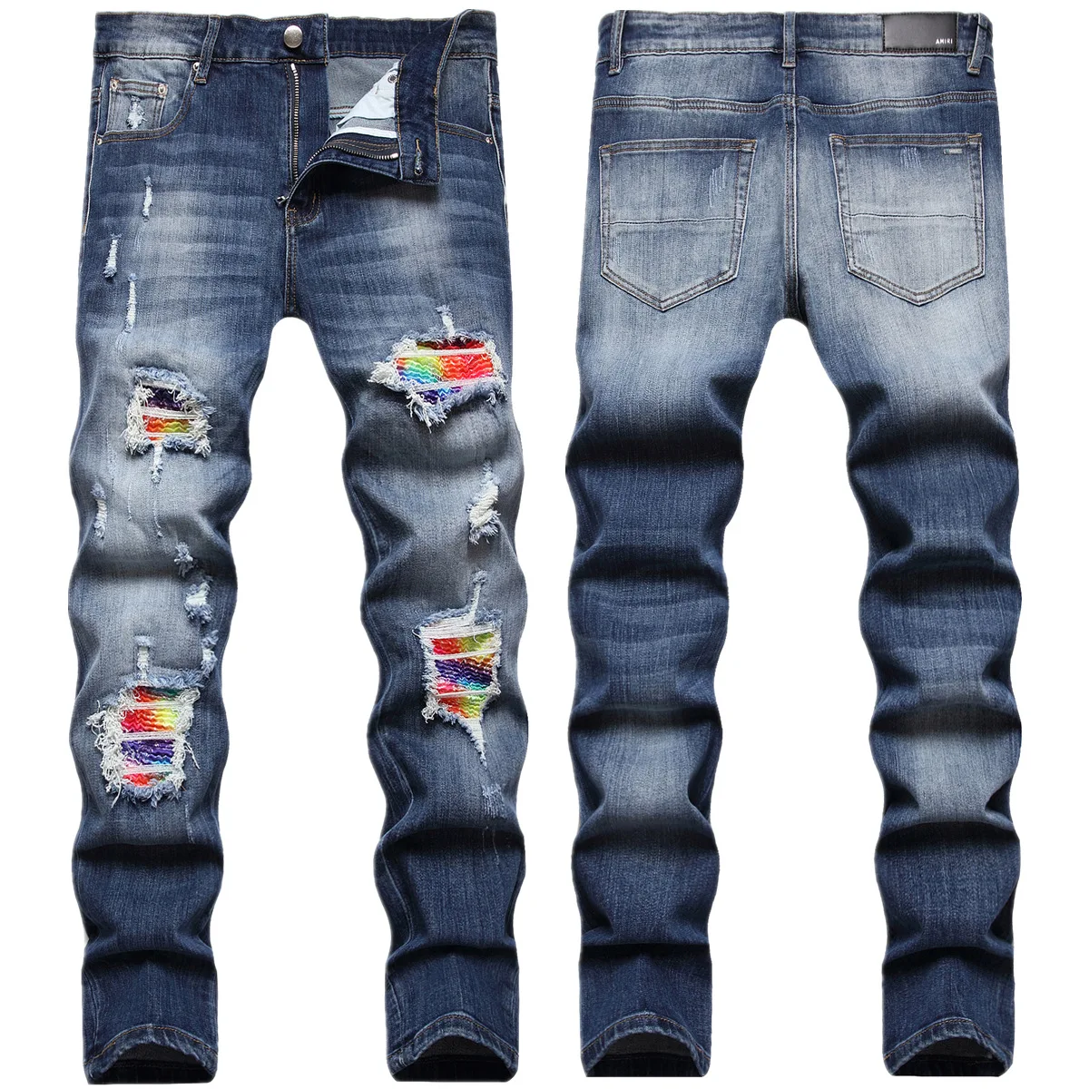

High-end ripped jeans men's fashion brand AM High street personality patch autumn and winter stretch slim feet long pants
